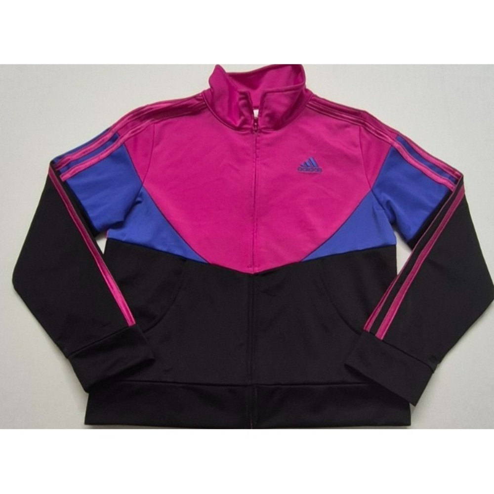 Adidas Girl's Pink/Blue/Black color blocking Full Zip track jacket sz. Sm 7/8